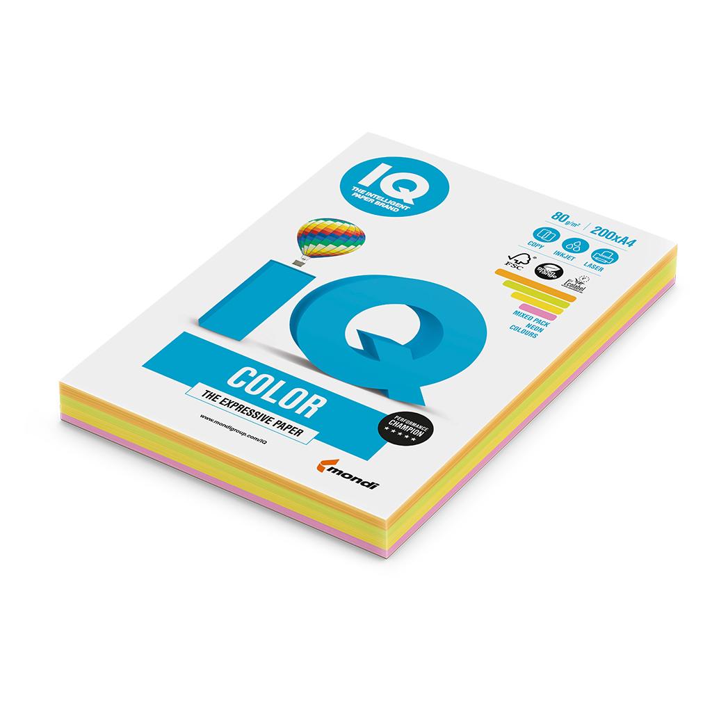 Farebný papier IQ color 4x50 mix neónové farby, A4 80g
