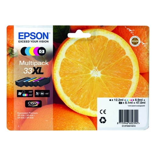 [4003627] Epson Original Inkjet Set T33XL / C13T33574011 CMYK 12,2 + 8,9 + 3 x 8,9 ml